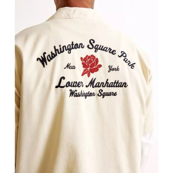 Abercrombie & Fitch Men's Cream Size M Camp Collar Workwear Embroidered Shirt - Picture 10 of 16